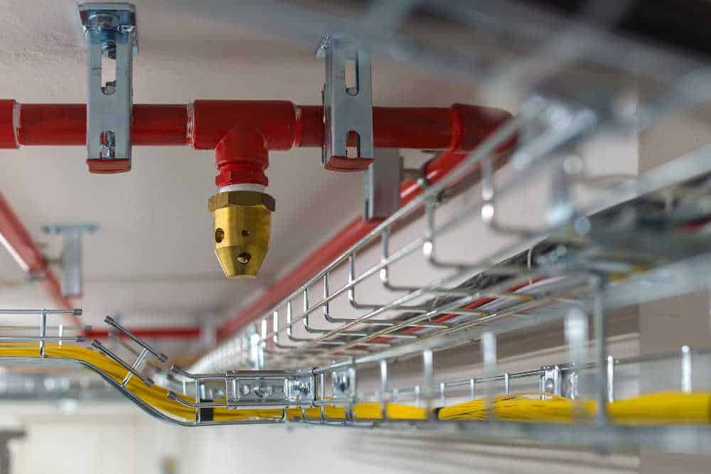 The image shows a fire suppression sprinkler system installed on a ceiling with various metal conduits and cable trays running parallel to it. The sprinkler head is gold-colored and designed to activate in case of a fire. Yellow cables are visible in the trays.